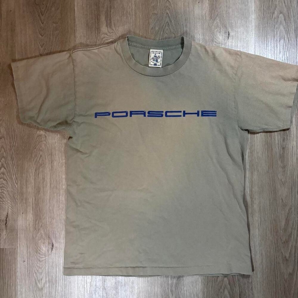 Vintage 90s Porsche Graphic T-Shirt Single Stitch Made in USA Olive Gray Size L